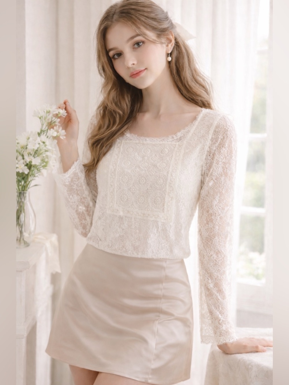 Indigo Soul White Lace Coquette Blouse Floral Sheer Romantic Feminine Top Boho